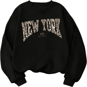 MakeMeChic Women's Y2K Leopard Print Tops Crew Neck Sweatshirt Letter Graphic Long Sleeve Sweatshirts