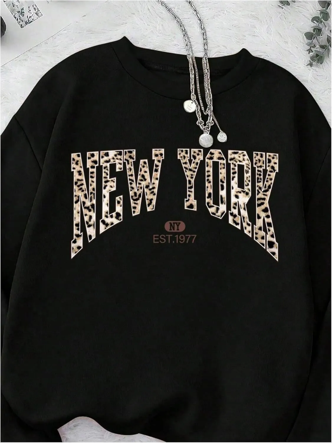 MakeMeChic Women's Y2K Leopard Print Tops Crew Neck Sweatshirt Letter Graphic Long Sleeve Sweatshirts