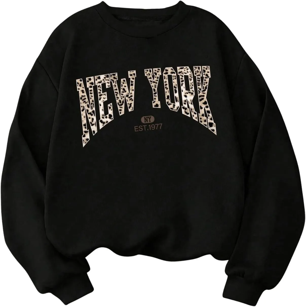 MakeMeChic Women's Y2K Leopard Print Tops Crew Neck Sweatshirt Letter Graphic Long Sleeve Sweatshirts