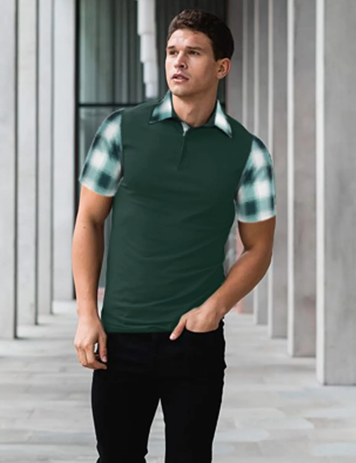 Men's Casual Short Sleeve Polo Shirt Classic Plaid Collar Slim Fit T-Shirt
