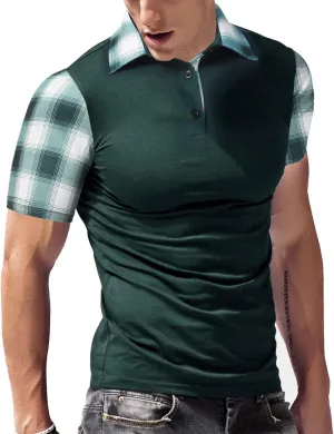 Men's Casual Short Sleeve Polo Shirt Classic Plaid Collar Slim Fit T-Shirt
