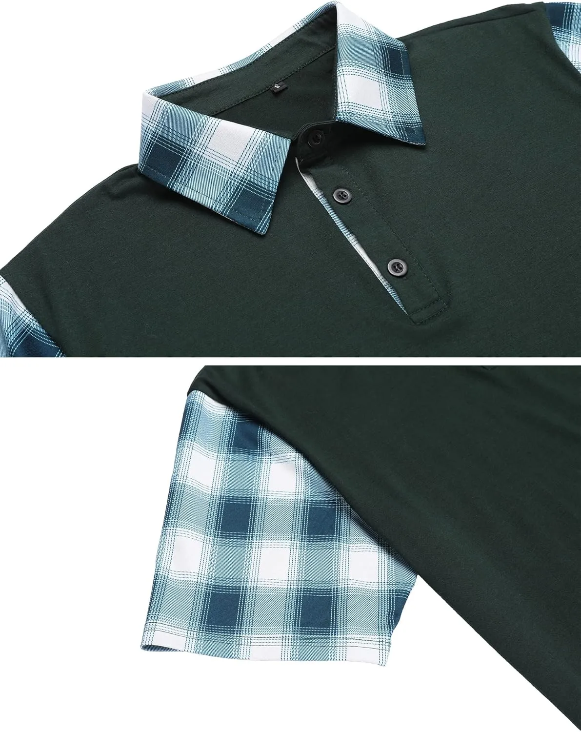 Men's Casual Short Sleeve Polo Shirt Classic Plaid Collar Slim Fit T-Shirt