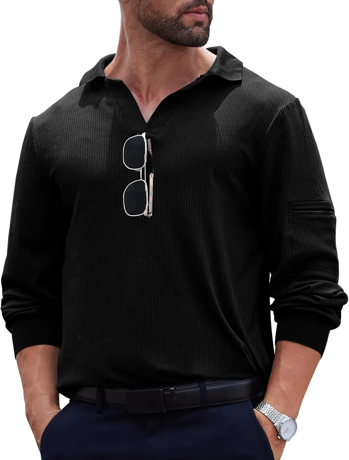 Mens Knit Polo Shirts Casual V Neck Long Sleeve Lightweight Ribbed Knit with Collar Sweater Golf Polo with Pocket