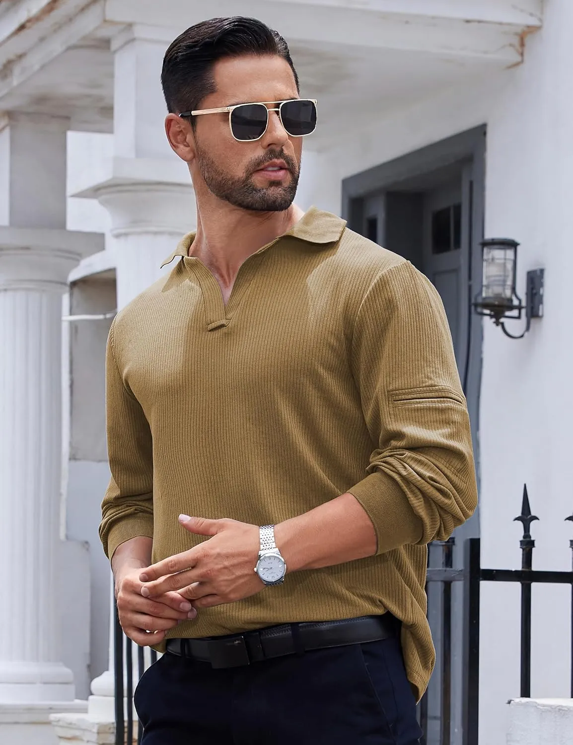 Mens Knit Polo Shirts Casual V Neck Long Sleeve Lightweight Ribbed Knit with Collar Sweater Golf Polo with Pocket