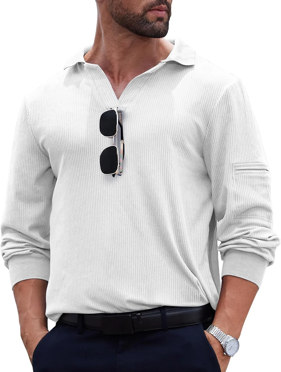 Mens Knit Polo Shirts Casual V Neck Long Sleeve Lightweight Ribbed Knit with Collar Sweater Golf Polo with Pocket
