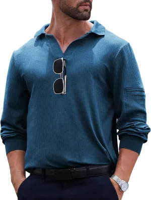 Mens Knit Polo Shirts Casual V Neck Long Sleeve Lightweight Ribbed Knit with Collar Sweater Golf Polo with Pocket