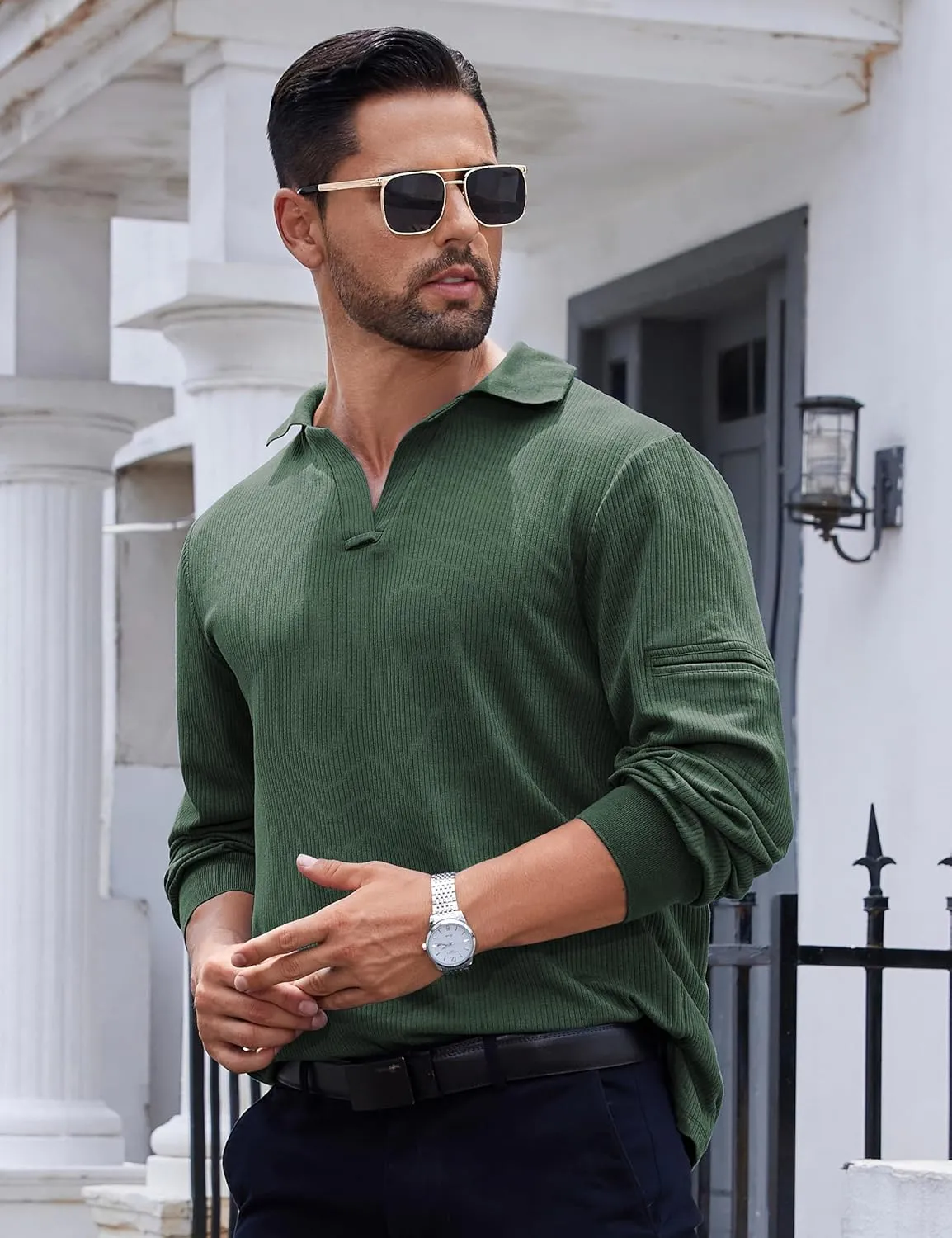 Mens Knit Polo Shirts Casual V Neck Long Sleeve Lightweight Ribbed Knit with Collar Sweater Golf Polo with Pocket