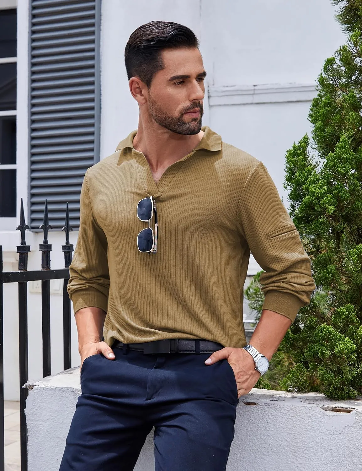Mens Knit Polo Shirts Casual V Neck Long Sleeve Lightweight Ribbed Knit with Collar Sweater Golf Polo with Pocket