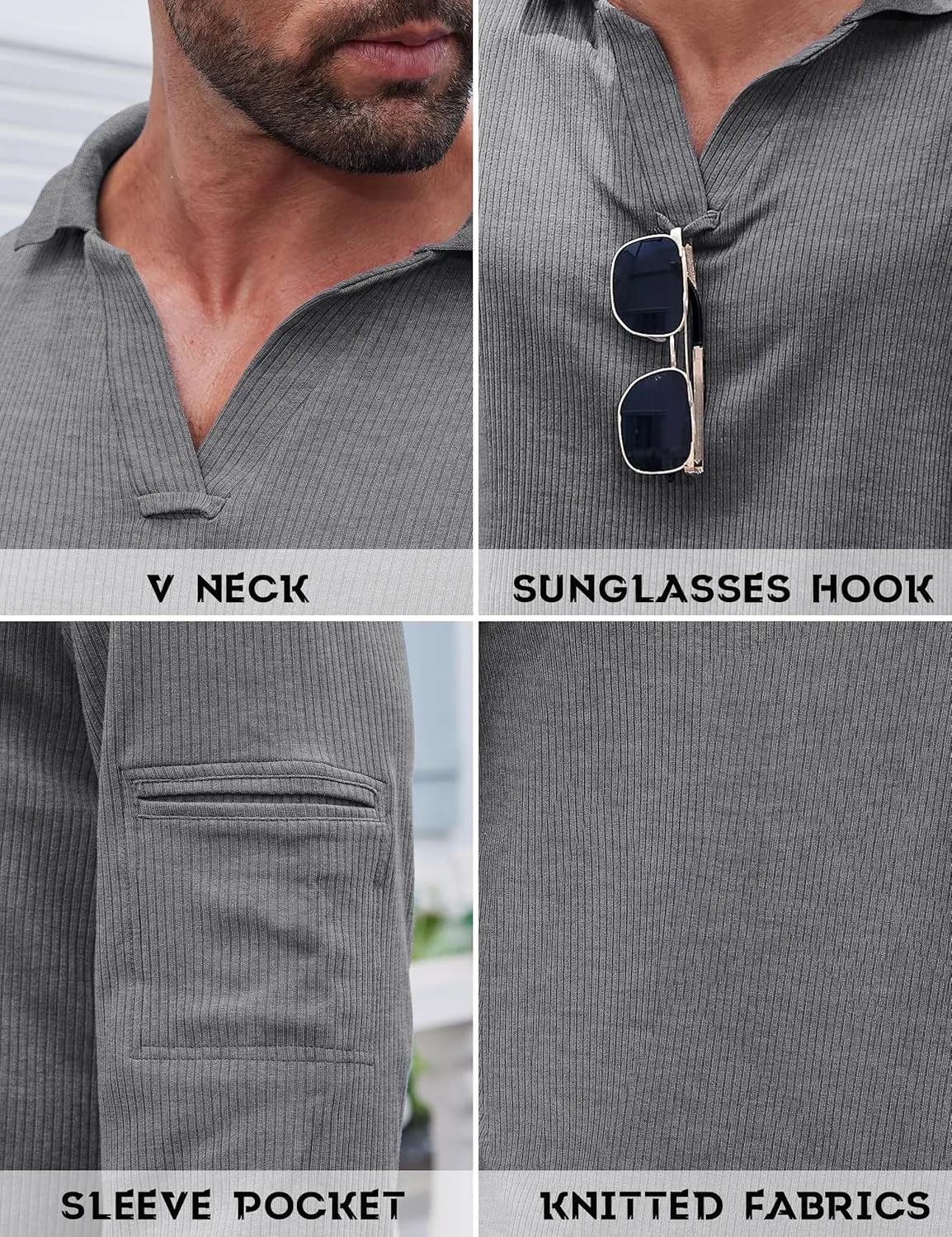 Mens Knit Polo Shirts Casual V Neck Long Sleeve Lightweight Ribbed Knit with Collar Sweater Golf Polo with Pocket