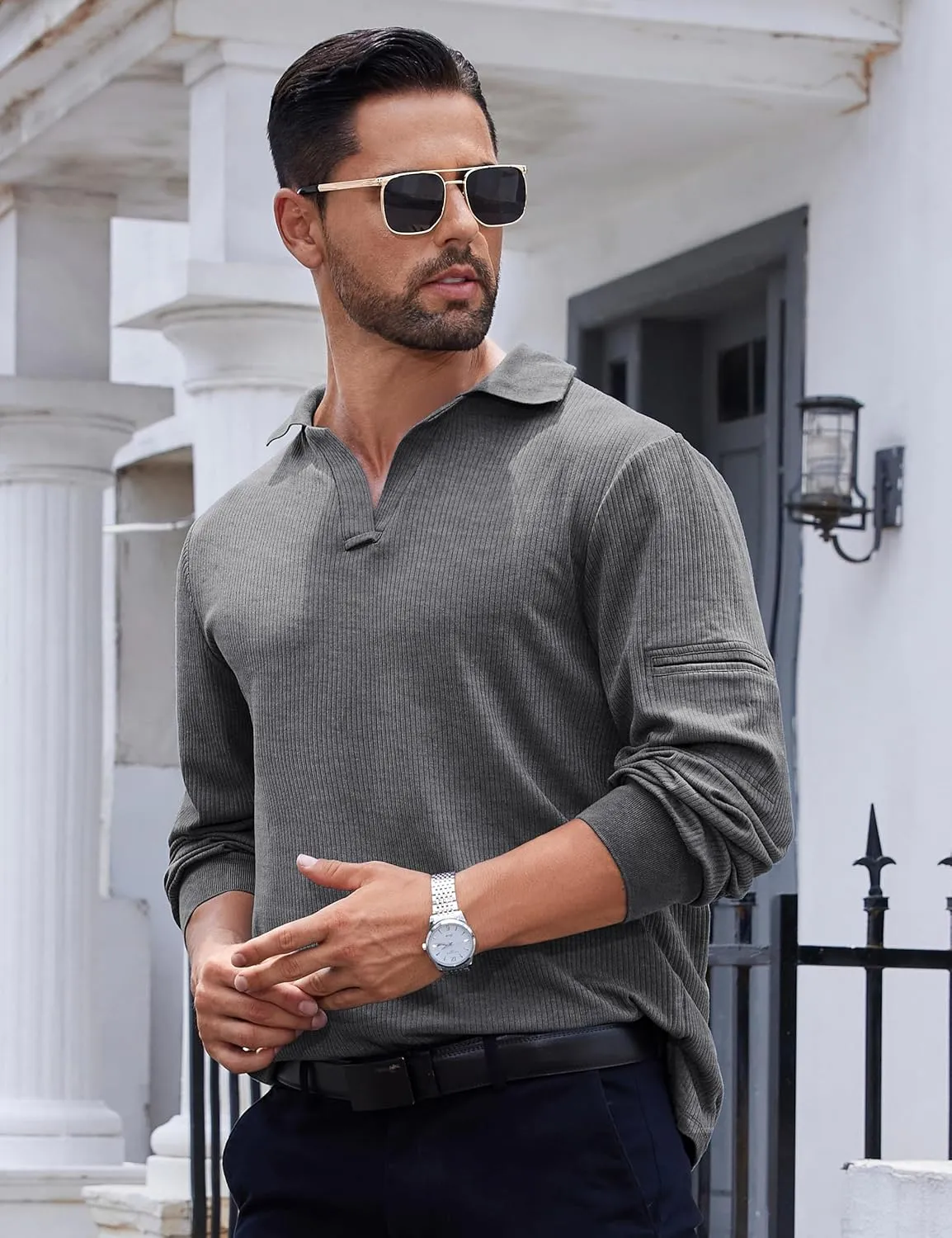 Mens Knit Polo Shirts Casual V Neck Long Sleeve Lightweight Ribbed Knit with Collar Sweater Golf Polo with Pocket