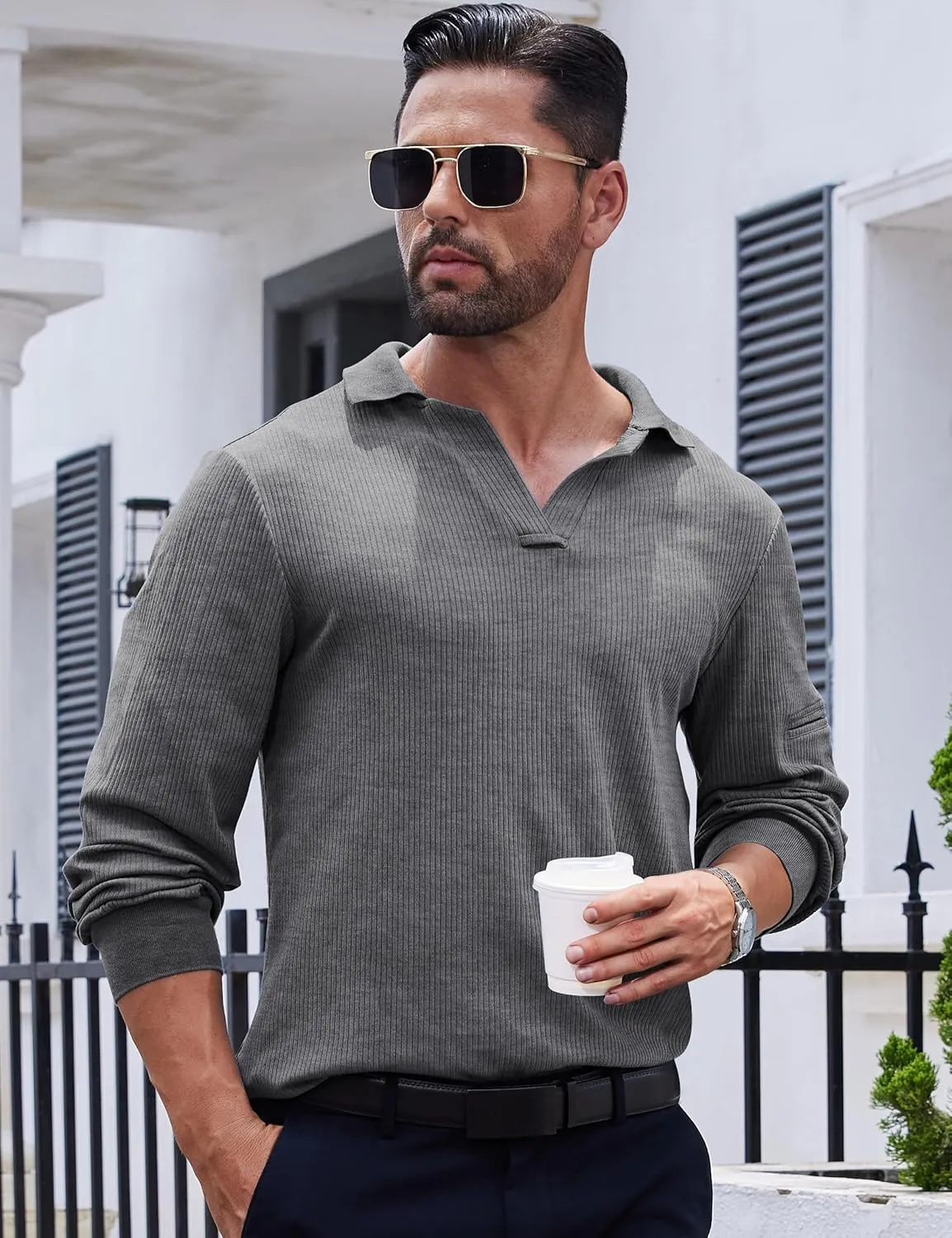 Mens Knit Polo Shirts Casual V Neck Long Sleeve Lightweight Ribbed Knit with Collar Sweater Golf Polo with Pocket