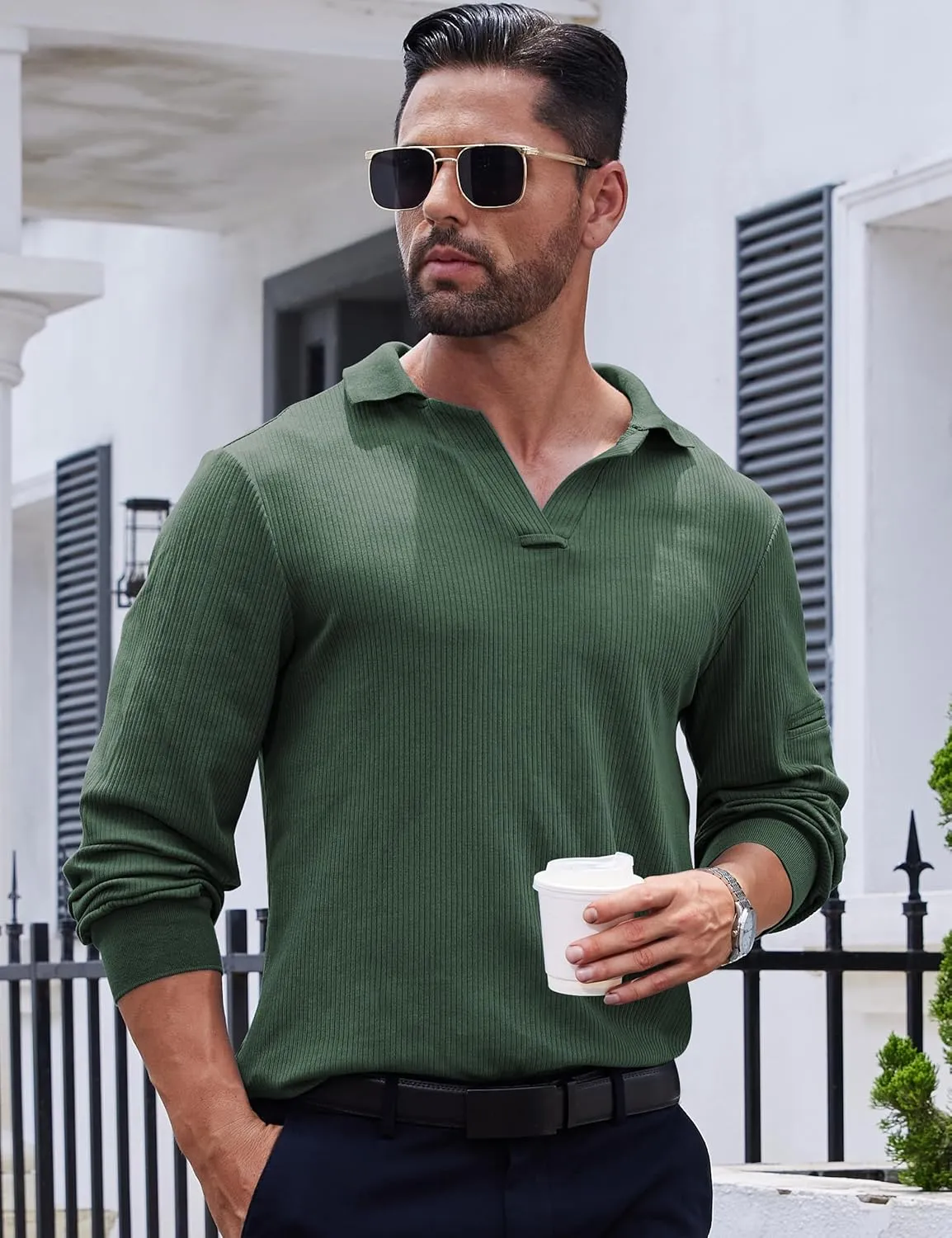 Mens Knit Polo Shirts Casual V Neck Long Sleeve Lightweight Ribbed Knit with Collar Sweater Golf Polo with Pocket