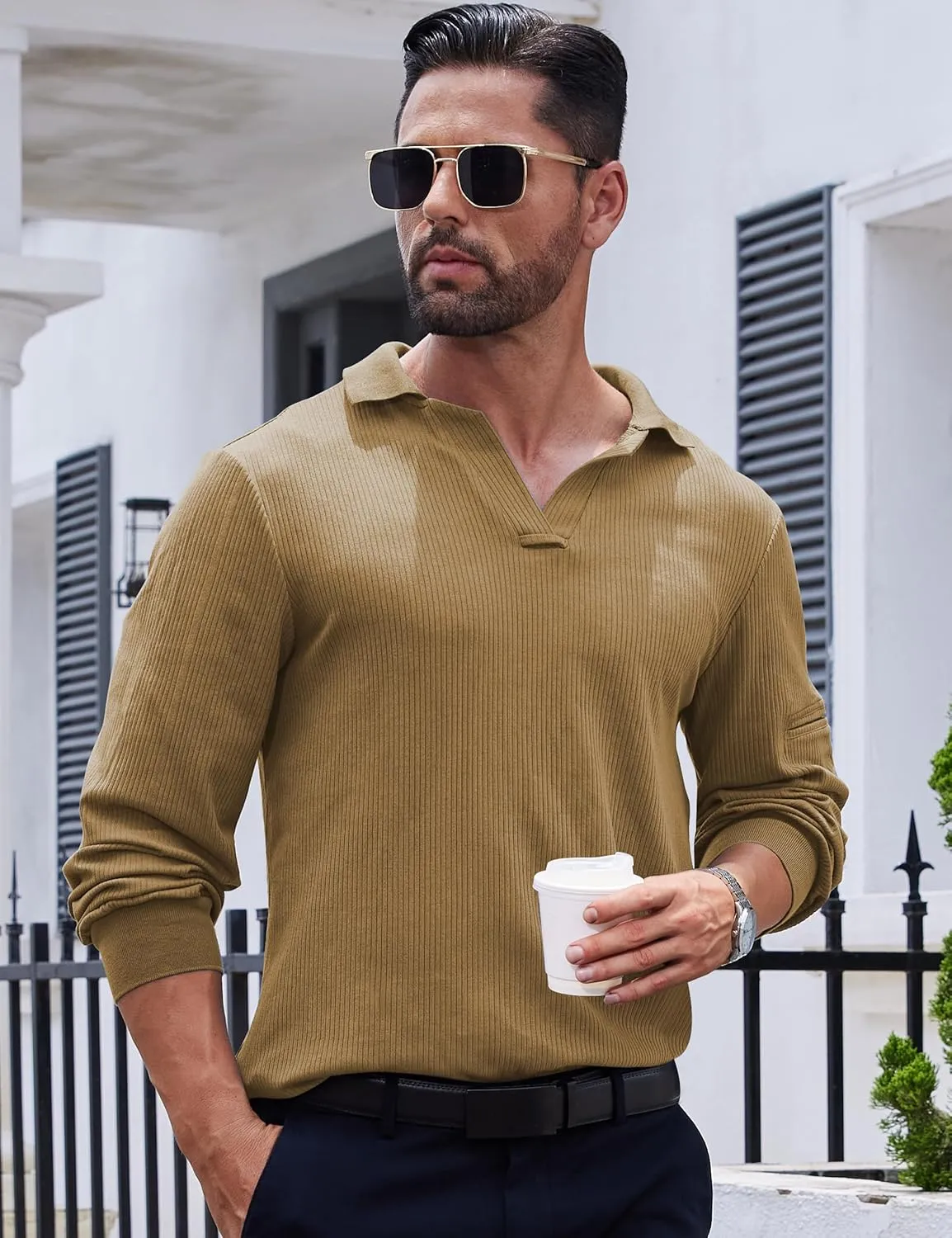 Mens Knit Polo Shirts Casual V Neck Long Sleeve Lightweight Ribbed Knit with Collar Sweater Golf Polo with Pocket