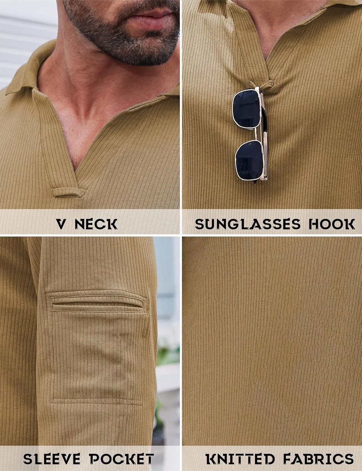 Mens Knit Polo Shirts Casual V Neck Long Sleeve Lightweight Ribbed Knit with Collar Sweater Golf Polo with Pocket