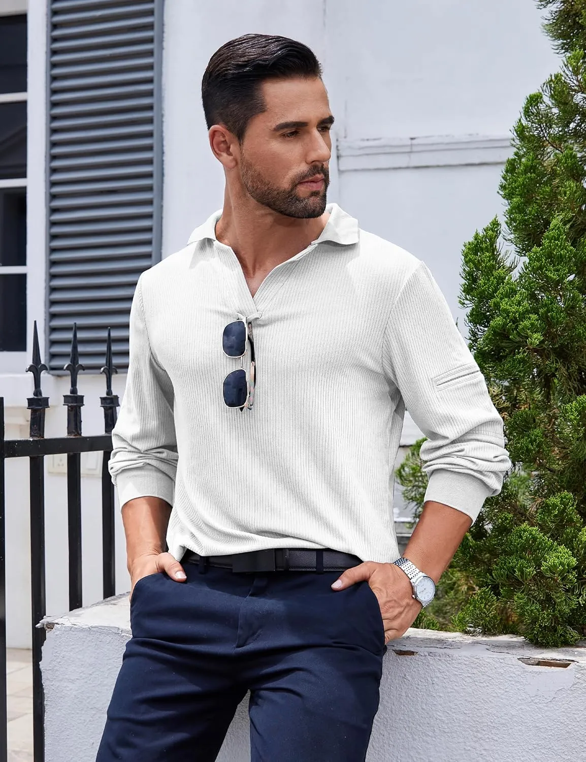 Mens Knit Polo Shirts Casual V Neck Long Sleeve Lightweight Ribbed Knit with Collar Sweater Golf Polo with Pocket