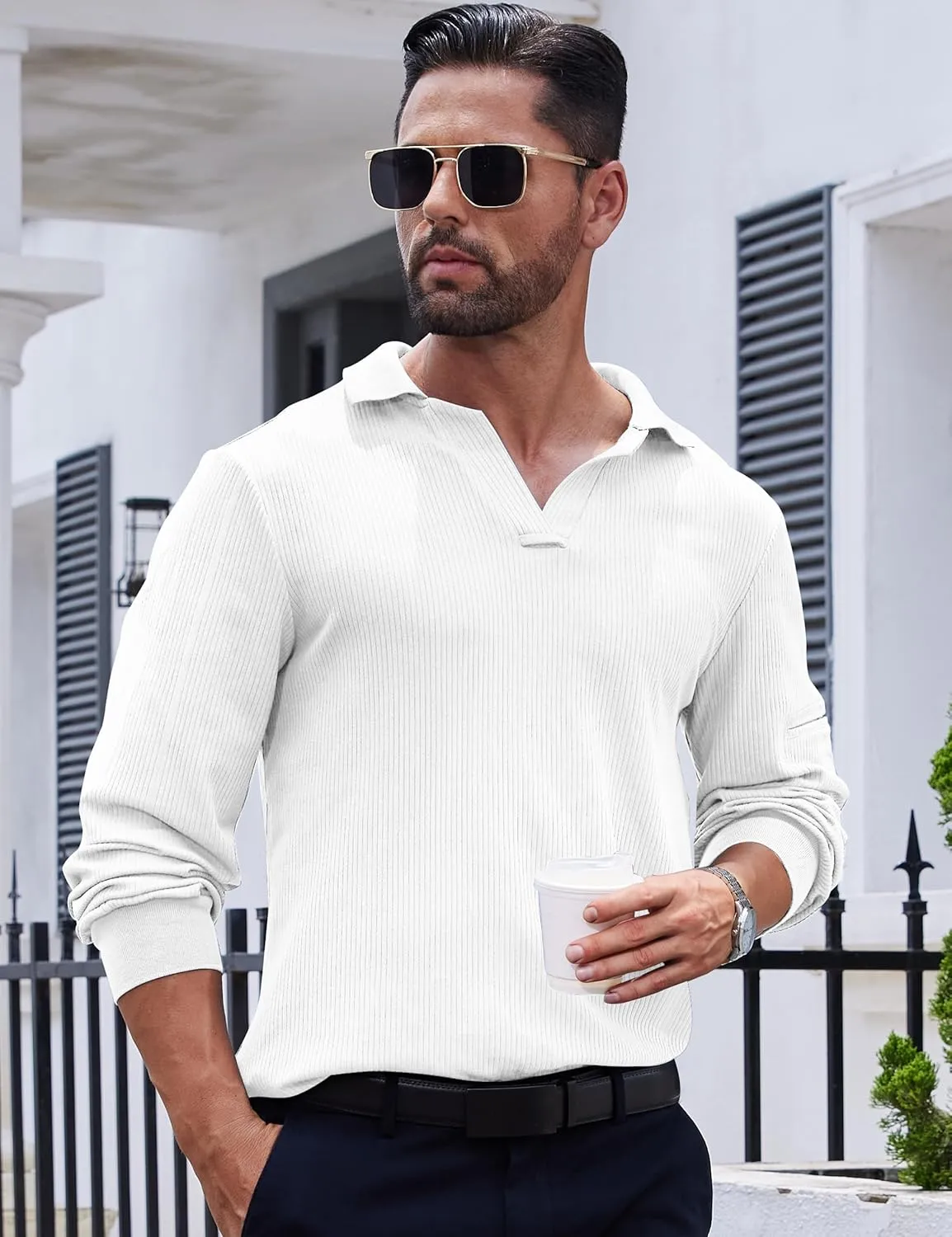 Mens Knit Polo Shirts Casual V Neck Long Sleeve Lightweight Ribbed Knit with Collar Sweater Golf Polo with Pocket