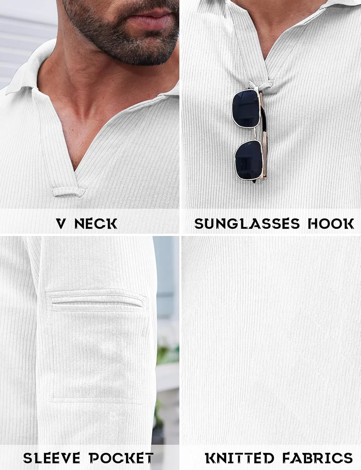 Mens Knit Polo Shirts Casual V Neck Long Sleeve Lightweight Ribbed Knit with Collar Sweater Golf Polo with Pocket