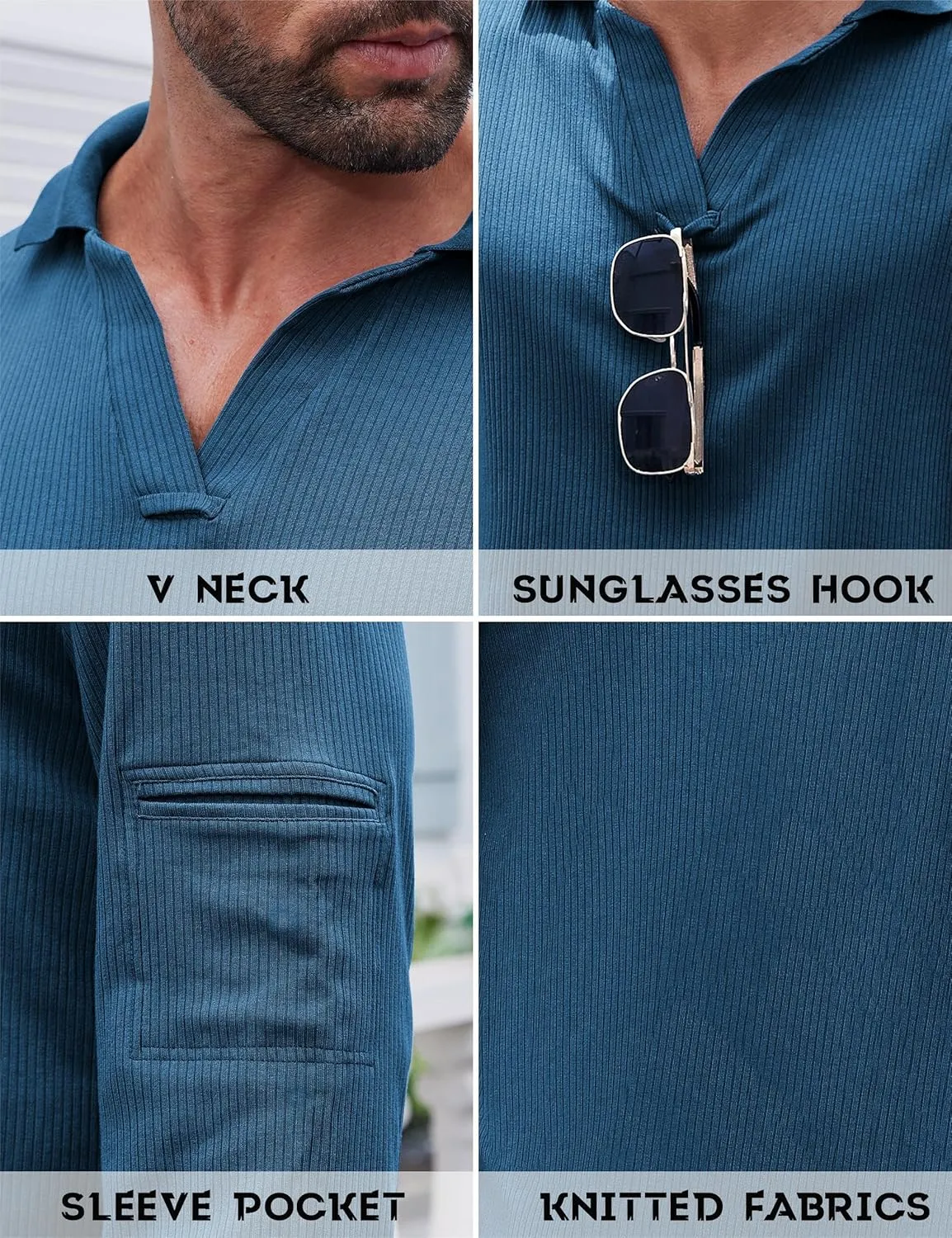 Mens Knit Polo Shirts Casual V Neck Long Sleeve Lightweight Ribbed Knit with Collar Sweater Golf Polo with Pocket