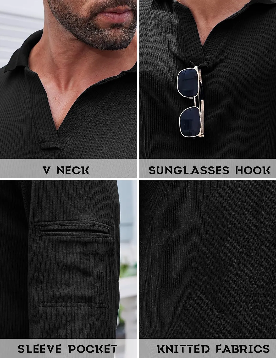 Mens Knit Polo Shirts Casual V Neck Long Sleeve Lightweight Ribbed Knit with Collar Sweater Golf Polo with Pocket
