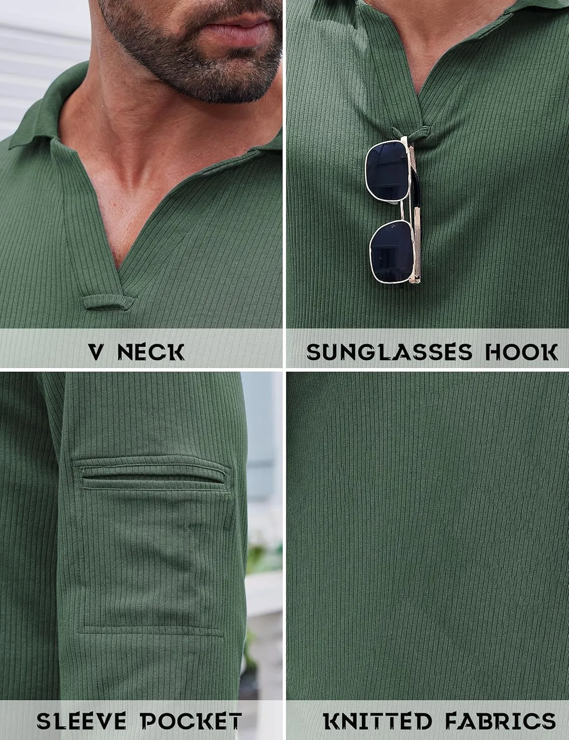 Mens Knit Polo Shirts Casual V Neck Long Sleeve Lightweight Ribbed Knit with Collar Sweater Golf Polo with Pocket