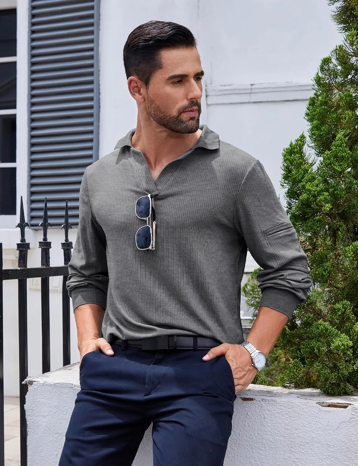Mens Knit Polo Shirts Casual V Neck Long Sleeve Lightweight Ribbed Knit with Collar Sweater Golf Polo with Pocket