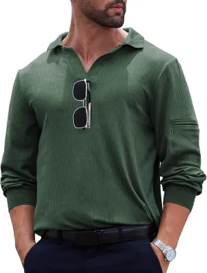 Mens Knit Polo Shirts Casual V Neck Long Sleeve Lightweight Ribbed Knit with Collar Sweater Golf Polo with Pocket