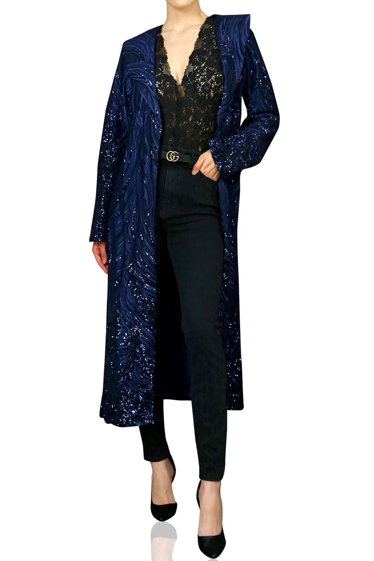 Navy Blue Sequin Duster Jacket
