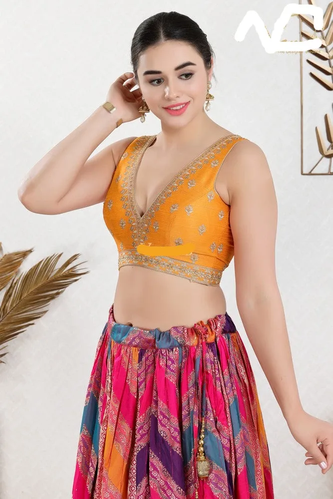 Readymade Mulbury Silk Padded Back Open Sleeveless Mustard Saree Blouse