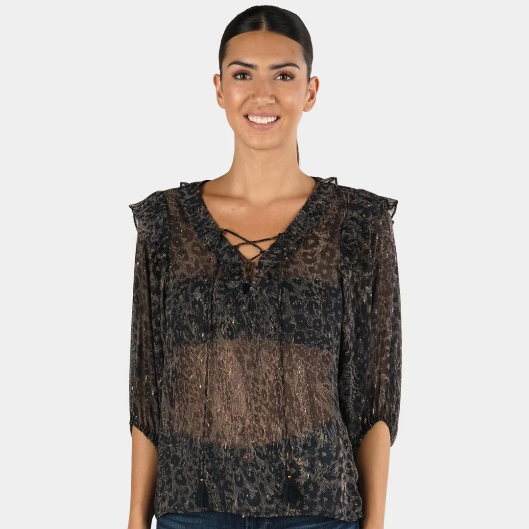 Sheer Animal Print Ruffled 3/4 Sleeve Top (Black   Sand)