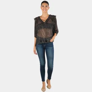 Sheer Animal Print Ruffled 3/4 Sleeve Top (Black   Sand)