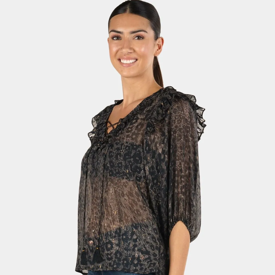 Sheer Animal Print Ruffled 3/4 Sleeve Top (Black   Sand)