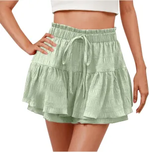 Shorts for Women Trendy Ruffled Hem High Waisted Drawstring Short Pants Flowy Casual Summer Beach Skirt Shorts 2025
