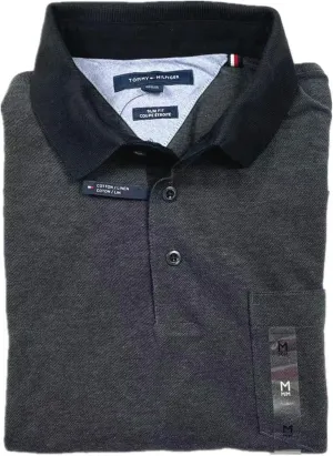 Tommy Hilfiger Men's Slim Fit Linen-Cotton Pocket Mesh Polo Shirt (Black/Iron (Slim Fit), L)