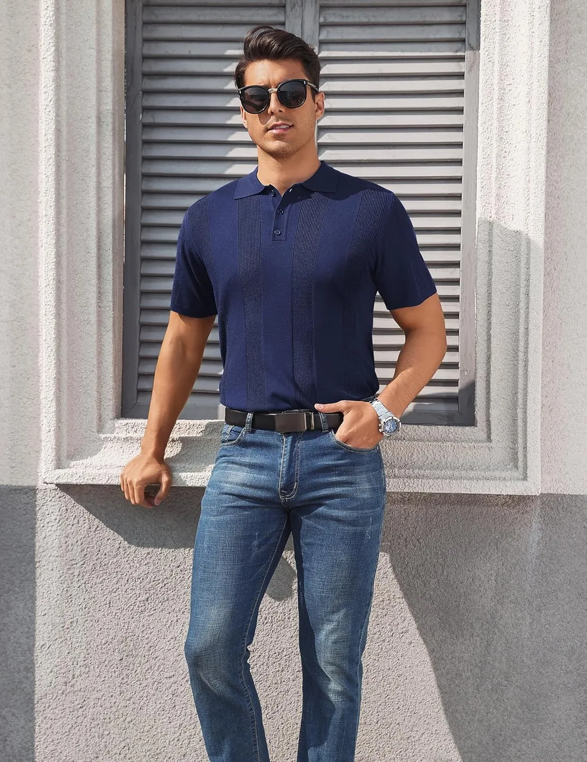 Vssjavun Mens Knit Polo Shirts Short Sleeve Textured Knitted Shirt Casual Golf Polo T Shirt