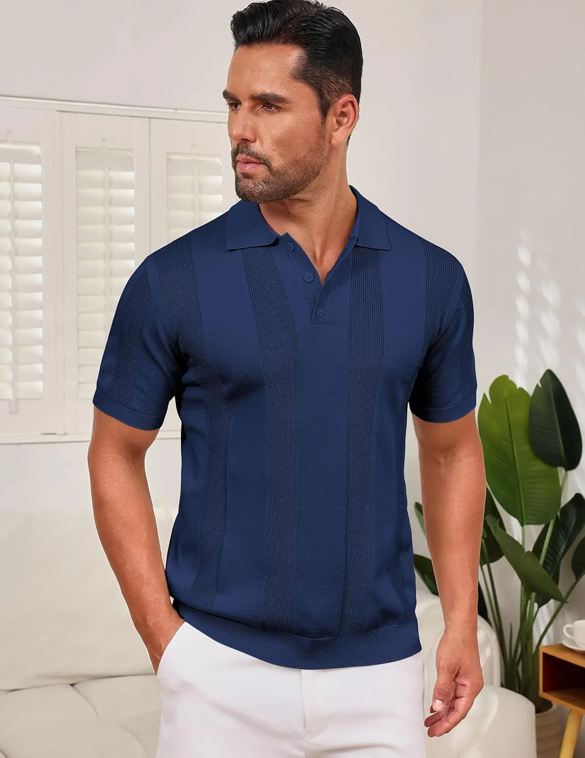 Vssjavun Mens Knit Polo Shirts Short Sleeve Textured Knitted Shirt Casual Golf Polo T Shirt