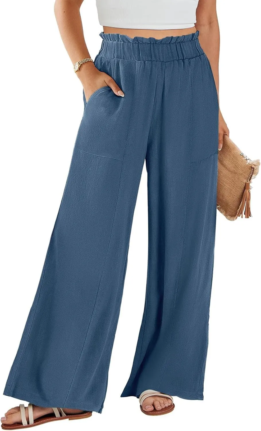 Wide Leg Dress Pants for Women Elastic Waist Loose Fit Work Pants Casual High Waisted Dressy Trousers with Pockets
