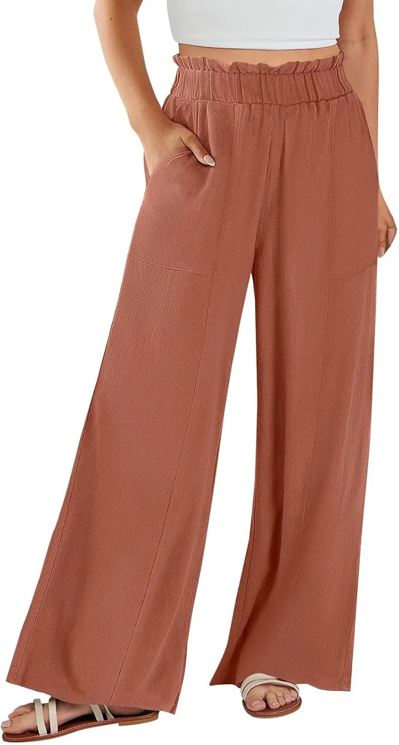 Wide Leg Dress Pants for Women Elastic Waist Loose Fit Work Pants Casual High Waisted Dressy Trousers with Pockets