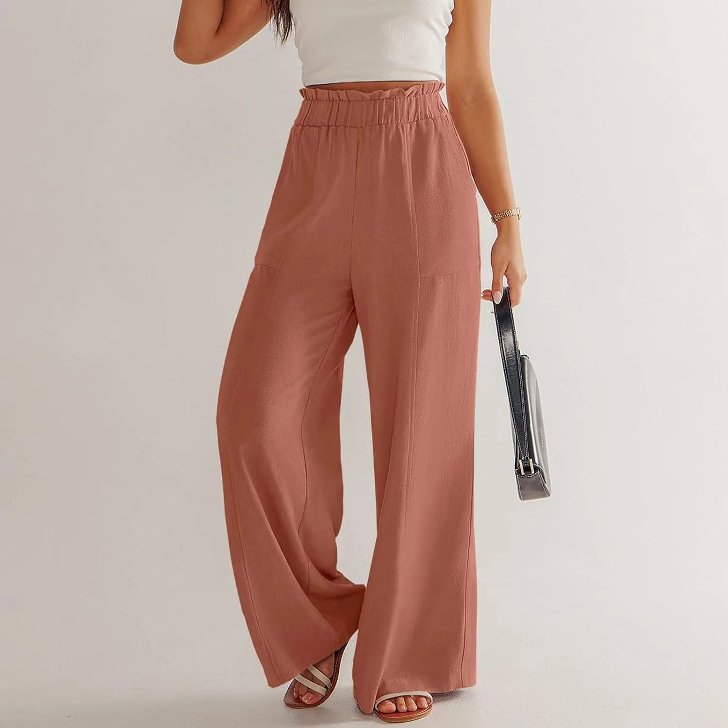 Wide Leg Dress Pants for Women Elastic Waist Loose Fit Work Pants Casual High Waisted Dressy Trousers with Pockets