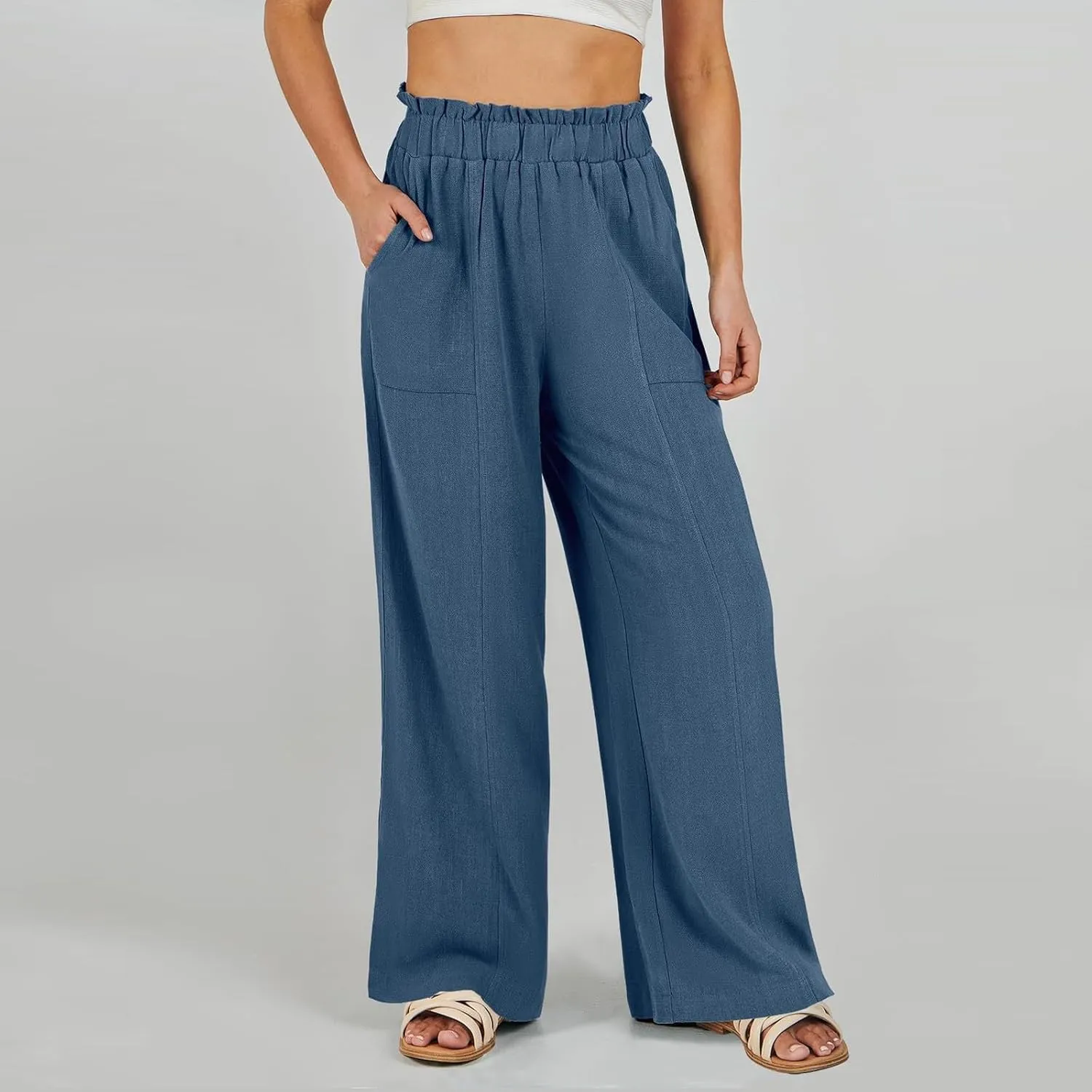 Wide Leg Dress Pants for Women Elastic Waist Loose Fit Work Pants Casual High Waisted Dressy Trousers with Pockets