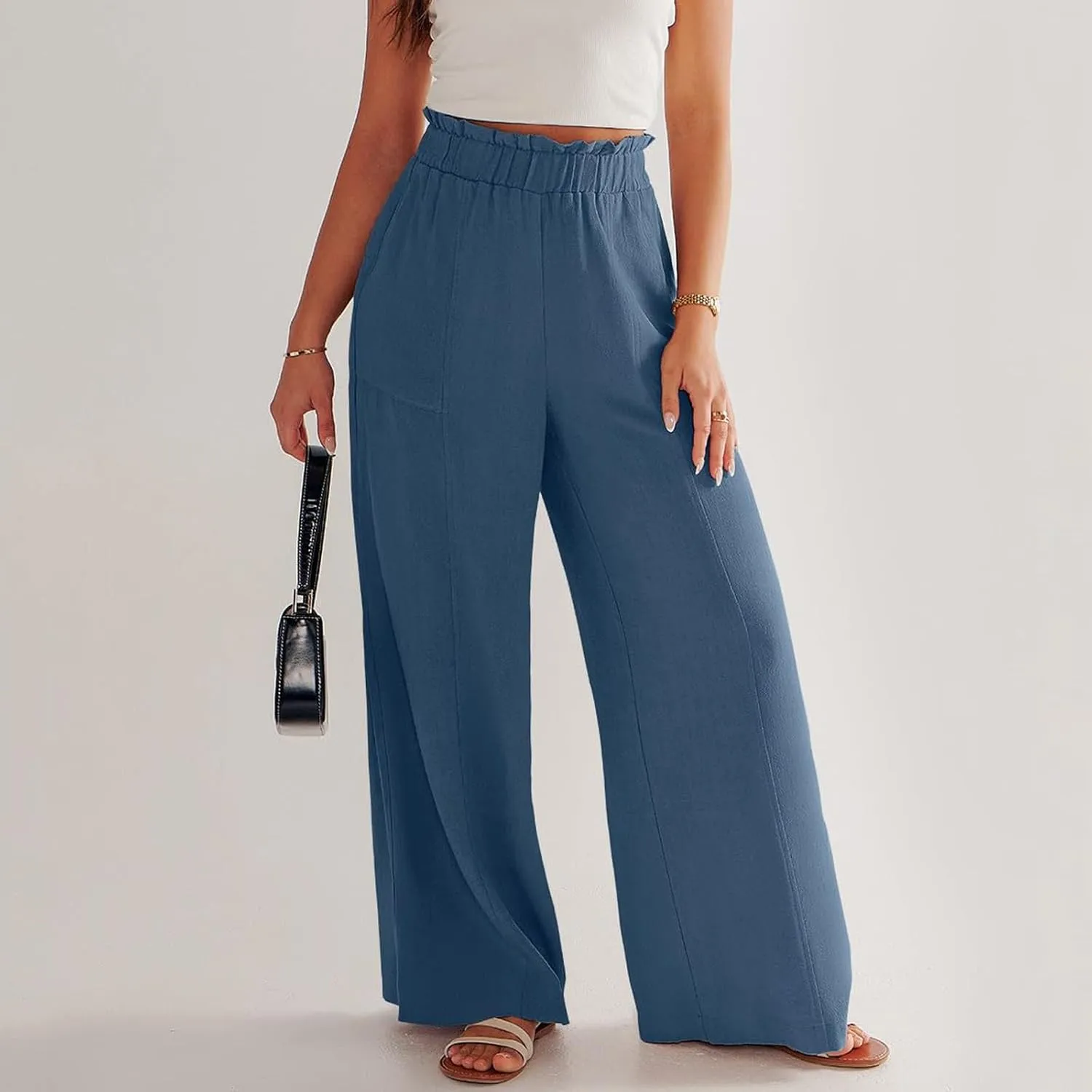 Wide Leg Dress Pants for Women Elastic Waist Loose Fit Work Pants Casual High Waisted Dressy Trousers with Pockets