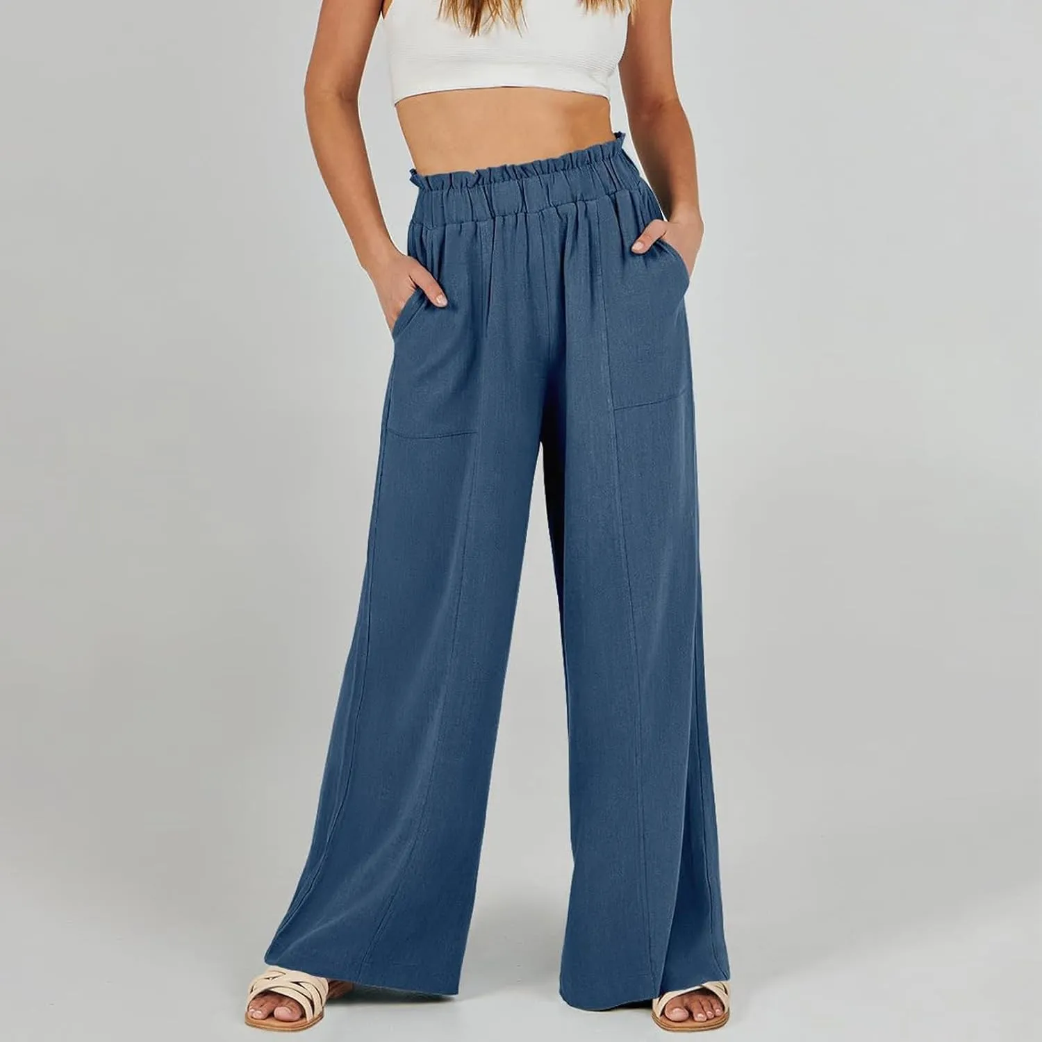 Wide Leg Dress Pants for Women Elastic Waist Loose Fit Work Pants Casual High Waisted Dressy Trousers with Pockets