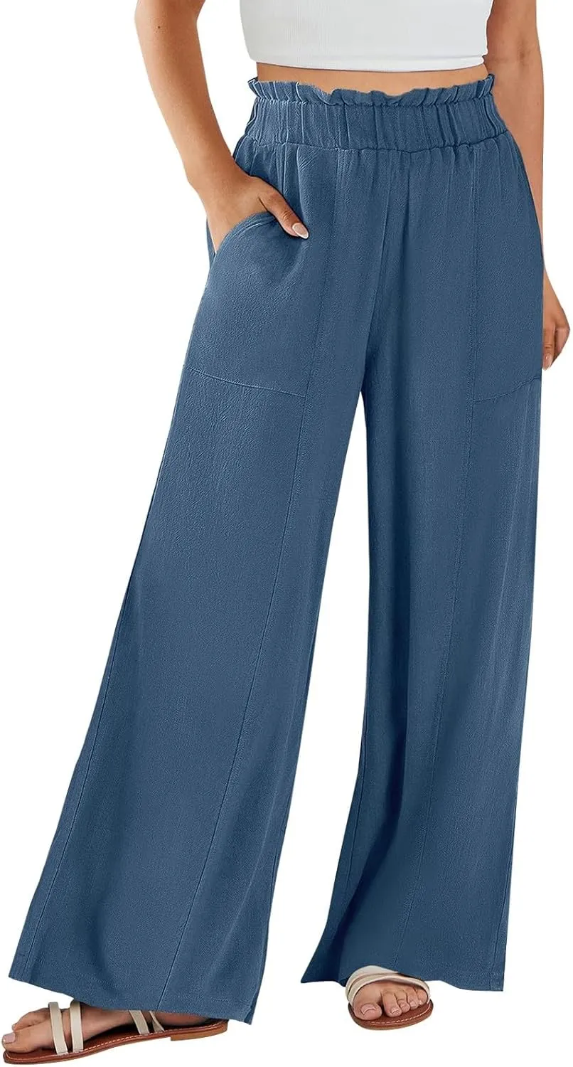 Wide Leg Dress Pants for Women Elastic Waist Loose Fit Work Pants Casual High Waisted Dressy Trousers with Pockets