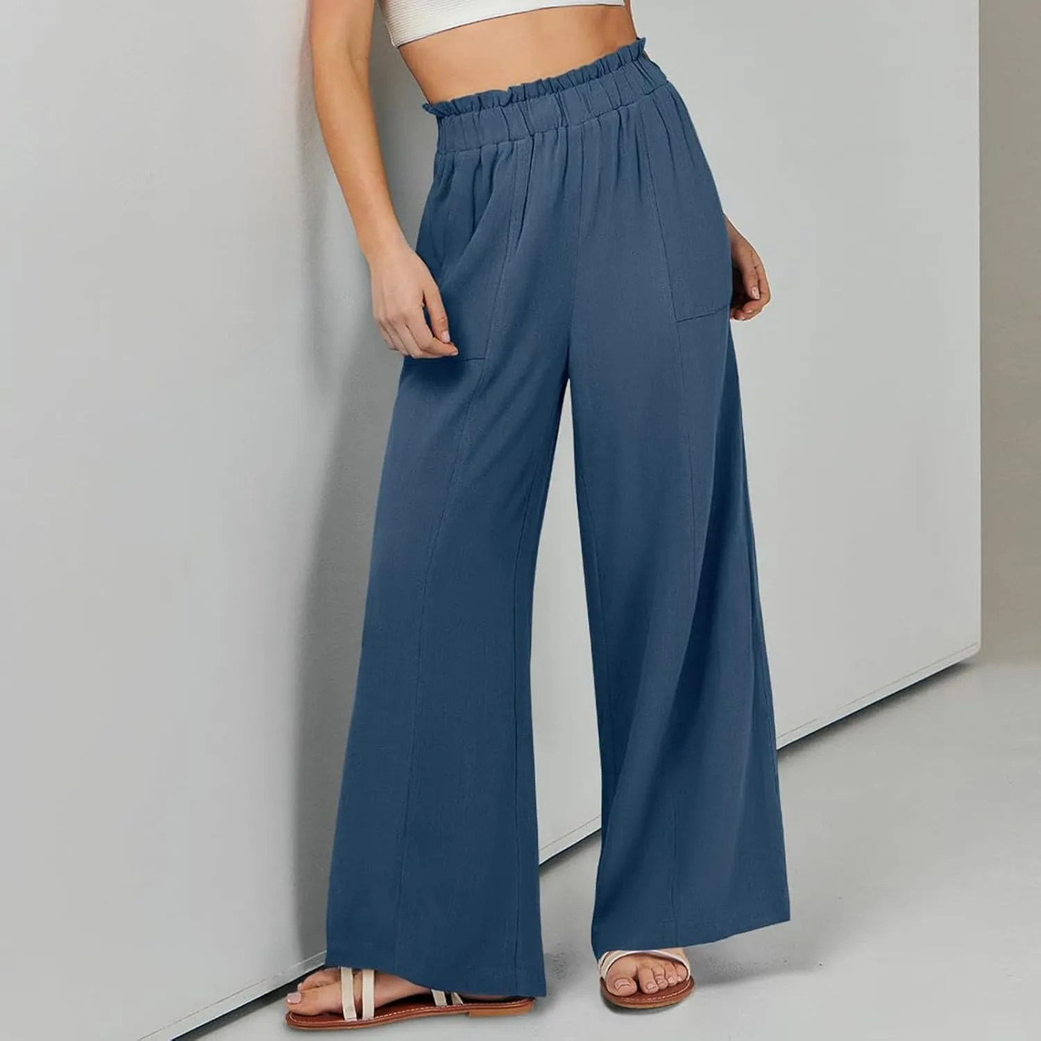 Wide Leg Dress Pants for Women Elastic Waist Loose Fit Work Pants Casual High Waisted Dressy Trousers with Pockets