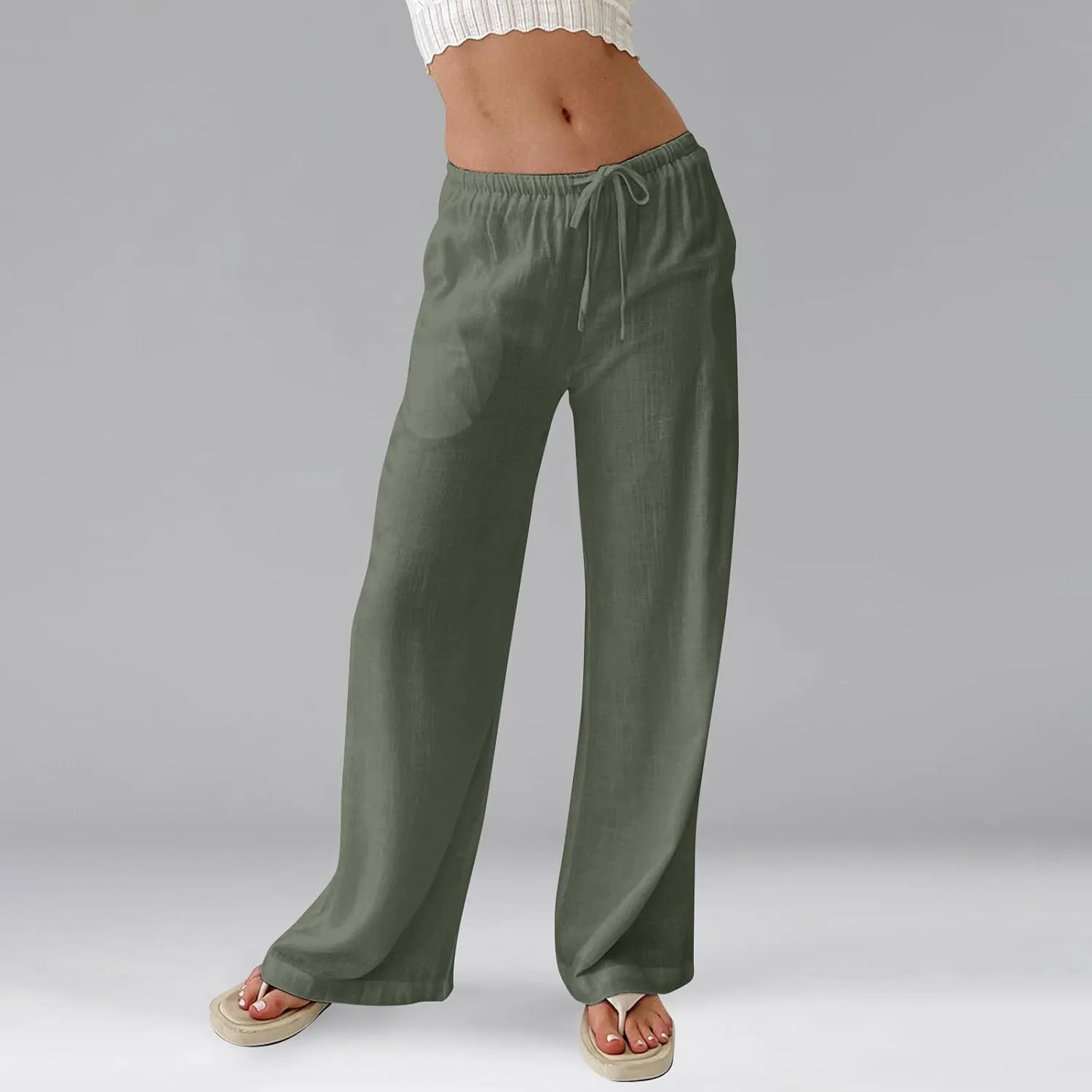 Wide Leg Linen Pants for Women Summer Elastic Waist Cotton Palazzo Pants Loose Guaze Casual Work Pants with Pockets