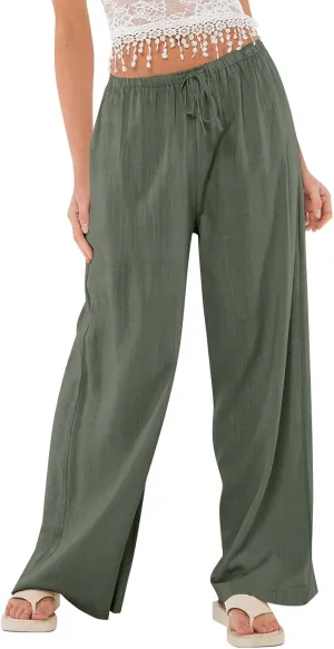 Wide Leg Linen Pants for Women Summer Elastic Waist Cotton Palazzo Pants Loose Guaze Casual Work Pants with Pockets