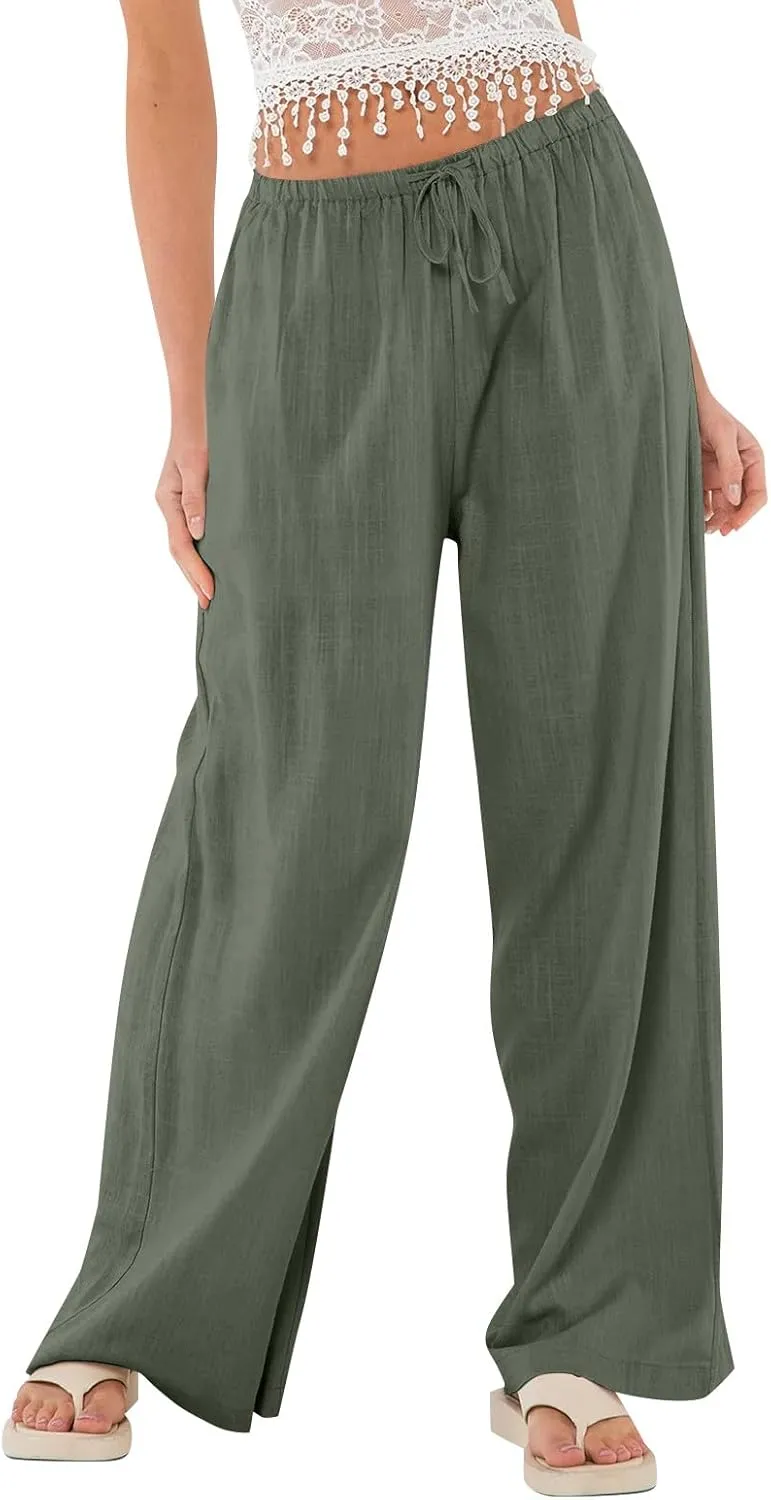 Wide Leg Linen Pants for Women Summer Elastic Waist Cotton Palazzo Pants Loose Guaze Casual Work Pants with Pockets
