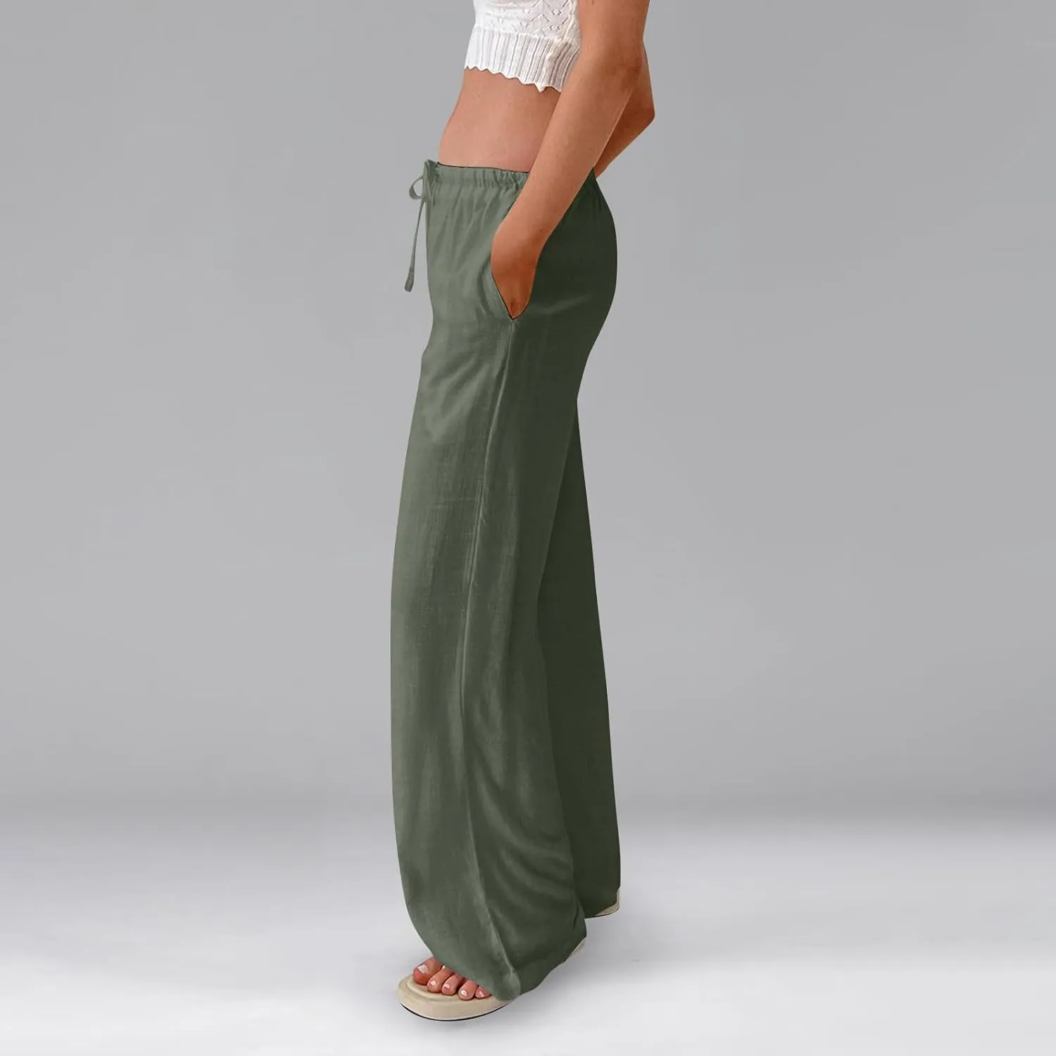 Wide Leg Linen Pants for Women Summer Elastic Waist Cotton Palazzo Pants Loose Guaze Casual Work Pants with Pockets
