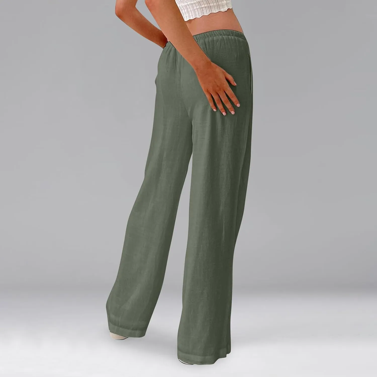 Wide Leg Linen Pants for Women Summer Elastic Waist Cotton Palazzo Pants Loose Guaze Casual Work Pants with Pockets