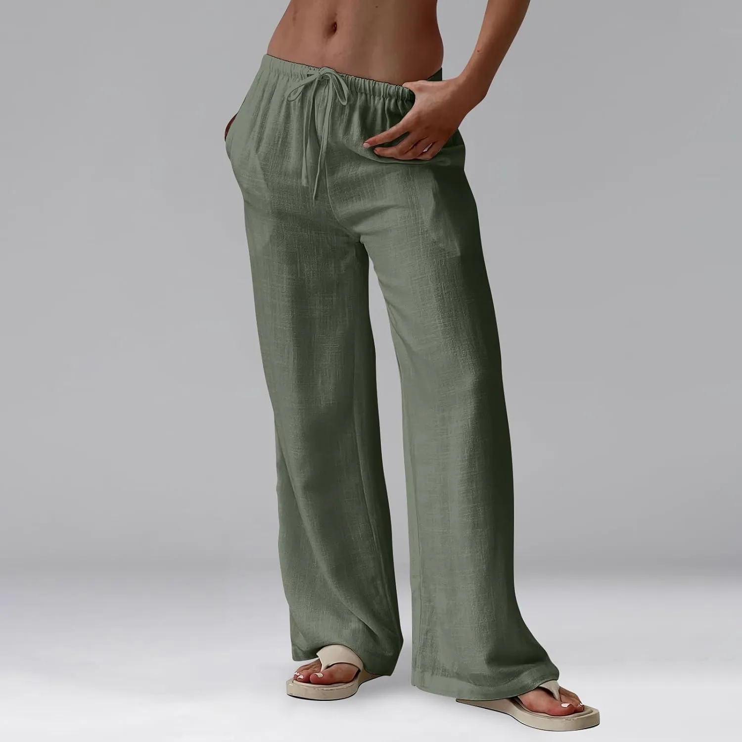 Wide Leg Linen Pants for Women Summer Elastic Waist Cotton Palazzo Pants Loose Guaze Casual Work Pants with Pockets