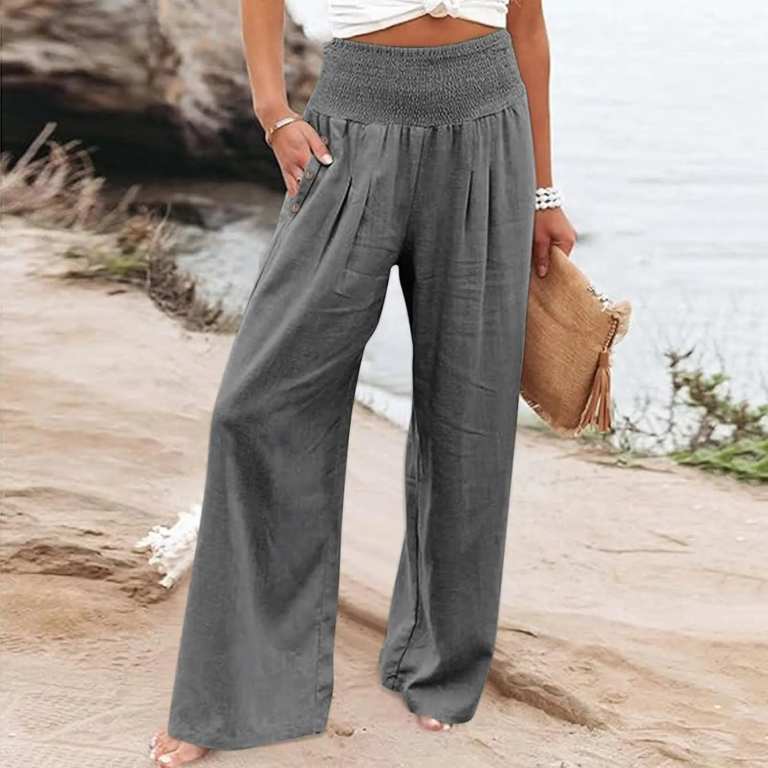 Women Linen Palazzo Pants 2024 Summer Casual Loose Beach Wide Leg Elastic High Waist Travel Lounge Pants with Pockets